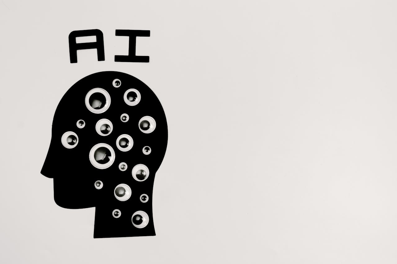 who-we-are Abstract illustration of AI with silhouette head full of eyes, symbolizing observation and technology.