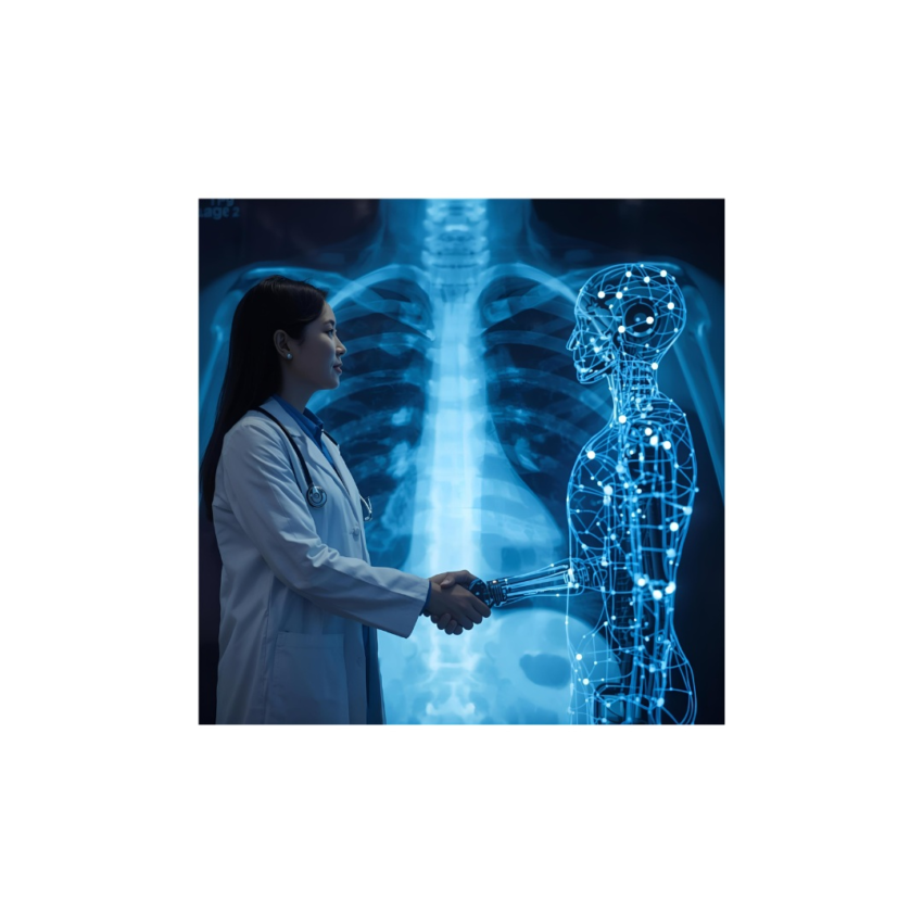 MI és orvos szimbiózis: Kézfogás egy neurális háló és egy orvos között, szimbolizálva az MI-alapú diagnosztikai forradalmat.