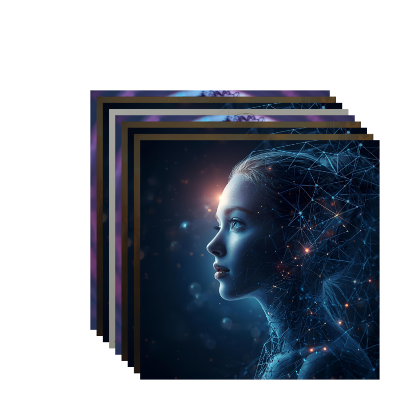 Portré egy AI által inspirált művészről, aki éppen egy digitális festményt készít.