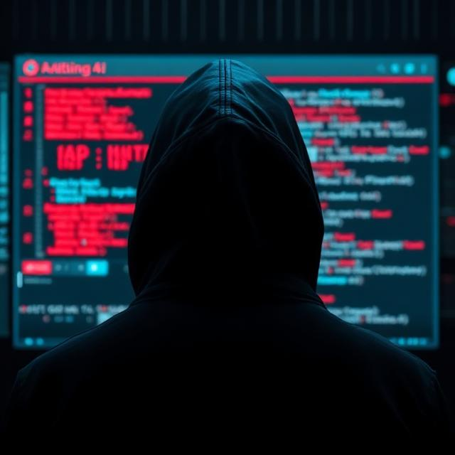 Hacker sziluettje MI-alapú kódgeneráló szoftver használata közben: A Generatív MI által támogatott kiberbűnözés vizuális ábrázolása