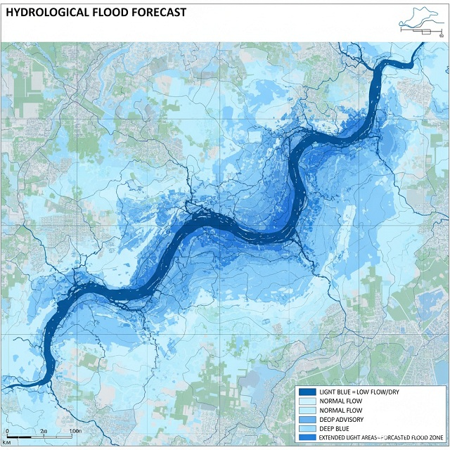 AI által generált hidrológiai szimulációs térkép: Az MI képessége az extrém időjárási események (árvizek, aszályok) gyors és pontos előrejelzésére, segítve a vízgazdálkodást