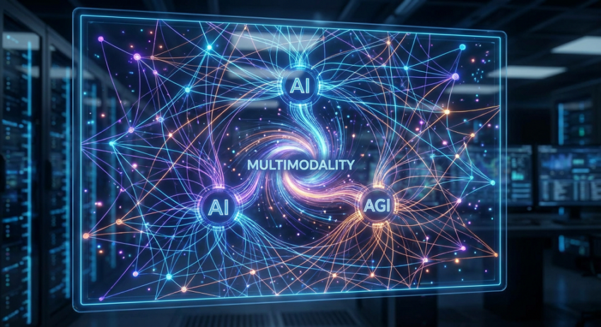 Az AGI felé vezető technológiai lépcsők vizualizációja: A Generatív AI, a Multimodális MI és a hosszú távú memória konvergenciájának illusztrációja