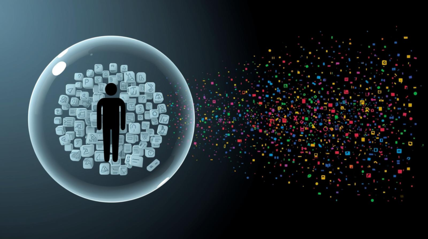 A szűrőbuborék kialakulásának vizuális ábrázolása: Szemléltetés arról, hogyan zárja el az MI a felhasználót az eltérő nézőpontoktól a tartalomfogyasztás során