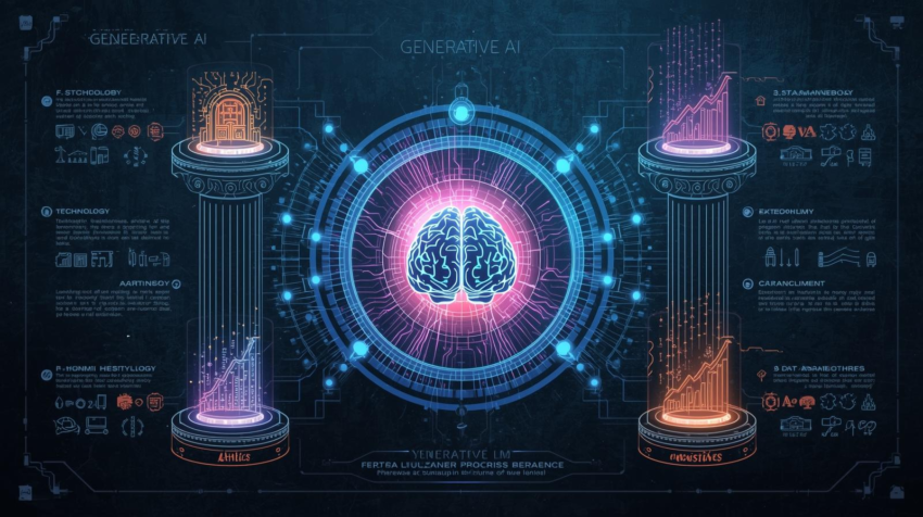 Egy nagyméretű, központi illusztráció, amely egy Generatív AI ökoszisztémát mutat be. A központban egy Brain (LLM) van, körötte a fő pillérek (Technológia, Etika, Gazdaság, Iparágak)