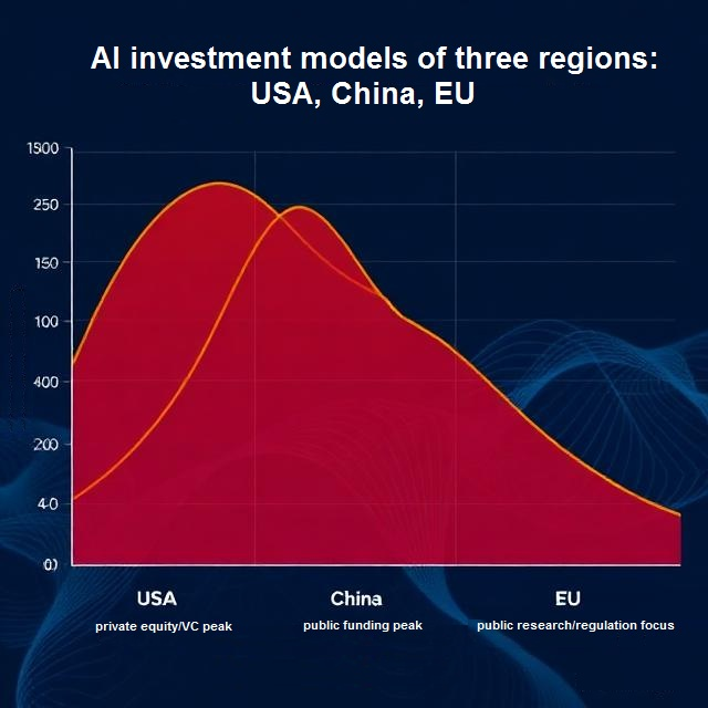 Összehasonlító grafikon az USA, Kína, EU MI-befektetéseiről és adathozzáféréséről. Vizuális ábrázolás a magánszektor, az állam és a szabályozás szerepének különbségeiről az MI-fejlesztésben
