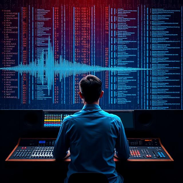 Egy zenei stúdió vizualizációja, ahol egy emberi zeneszerző MI-vel együtt dolgozik a kompozíción: Az emberi kreativitás és a Generatív AI technológia találkozása a zenekészítésben