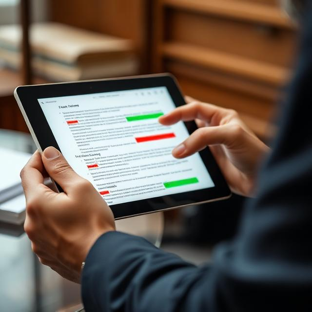 Egy ügyvéd, aki digitális dokumentumokat elemez, miközben az MI kiemeli a kockázatos részeket: Szerződésellenőrzés hatékonyságnövelése mesterséges intelligenciával