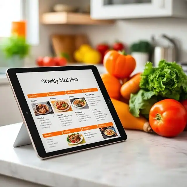 Egy tablet a konyhapulton, amelyen egy MI által generált színes és egészséges recept látható: Személyre szabott táplálkozási tanácsadás digitális eszközökkel