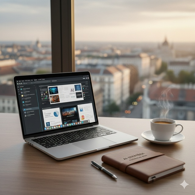 Egy modern laptop képernyőjén különböző AI szoftverek felülete látható, egy csésze kávé és egy magyar vállalkozói napló mellett az asztalon