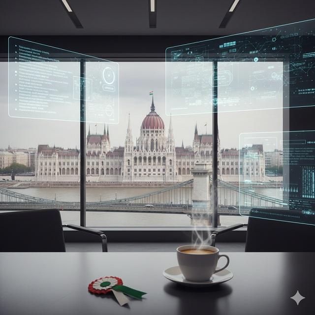 Mesterséges intelligencia Budapesten, a Parlamenttel és Lánchíddal a háttérben, irodai környezetben, adatokkal