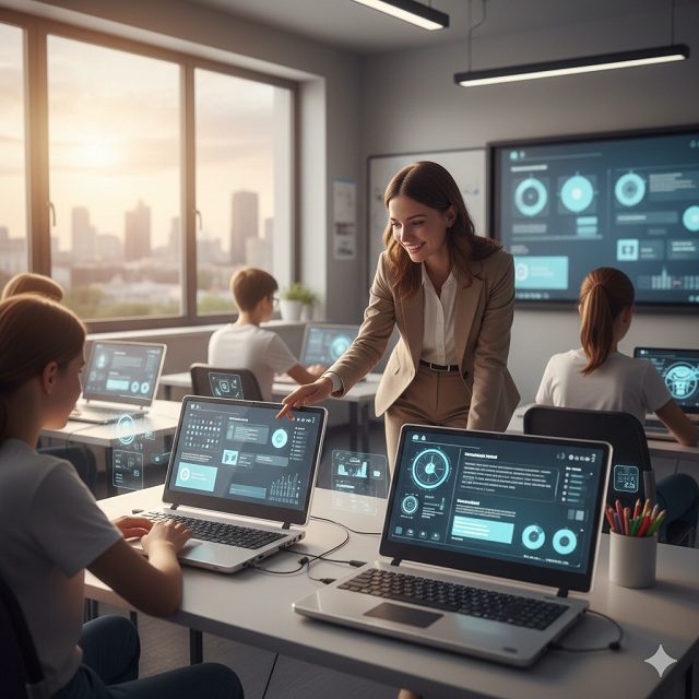 Egy modern magyar iskola osztályterme, ahol diákok laptopokon dolgoznak AI-alapú tanulási platformokkal, a tanár pedig mentorálja őket. A háttérben digitális tábla és innovatív tananyagok