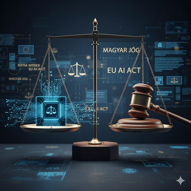 Egy digitális mérleg, amelynek egyik serpenyőjében egy futurisztikus chip, a másikban egy kalapács látható. A háttérben a magyar és az EU-s jogszabályok absztrakt megjelenítése