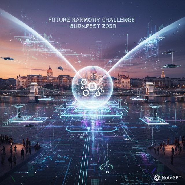 Egy futurisztikus, de barátságos kép, amely Budapest látképét ötvözi digitális hálózatokkal és fénynyalábokkal, szimbolizálva a technológia és a városi élet harmonikus jövőjét