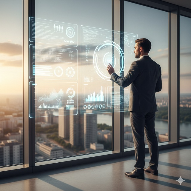 Egy magabiztos magyar szakember egy modern irodában, aki futurisztikus holografikus interfészeken keresztül elemzi az adatait. A háttérben Budapest üzleti negyede látszik