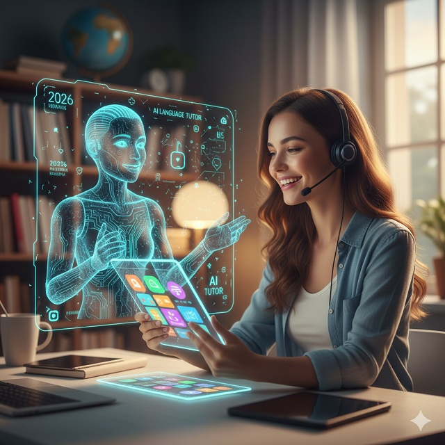 Egy fiatal, mosolygós nő fülhallgatóval egy tabletet tart a kezében, amelyen egy AI nyelvtanuló applikáció fut. Mellette egy hologram-szerű, barátságos AI tanár avatár lebeg, a háttérben könyvek és egy glóbusz utal a hagyományos és modern oktatás találkozására