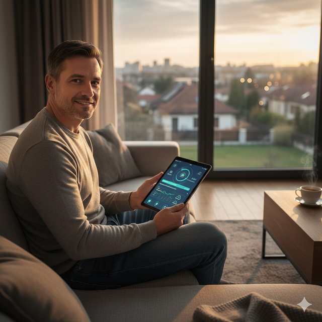 Egy barátságos, modern magyar nappali, ahol egy tableten keresztül egy férfi éppen a ház fűtését és világítását optimalizálja. A háttérben látszik az ablakon keresztül egy magyar kertvárosi rész