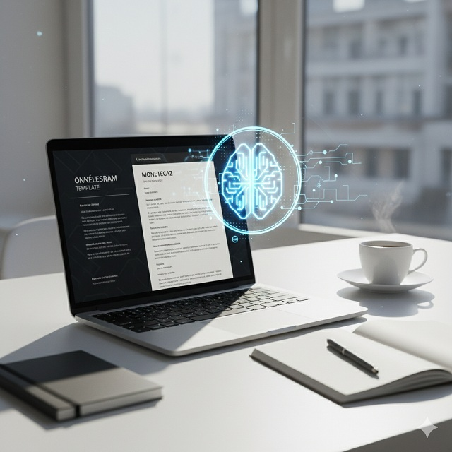 gy modern, minimalista íróasztal, ahol egy laptopon egy professzionális önéletrajz szerkesztése látszik, a képernyő mellett egy hologram-szerű AI asszisztens segíti a folyamatot