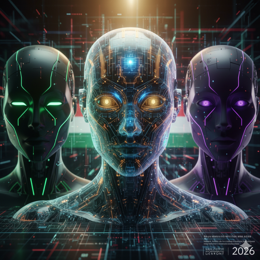 Három különböző, futurisztikus robot-arc, amelyek mindegyike egy-egy népszerű AI modellt szimbolizál, háttérben magyar nemzeti színekkel díszített digitális adathálóval