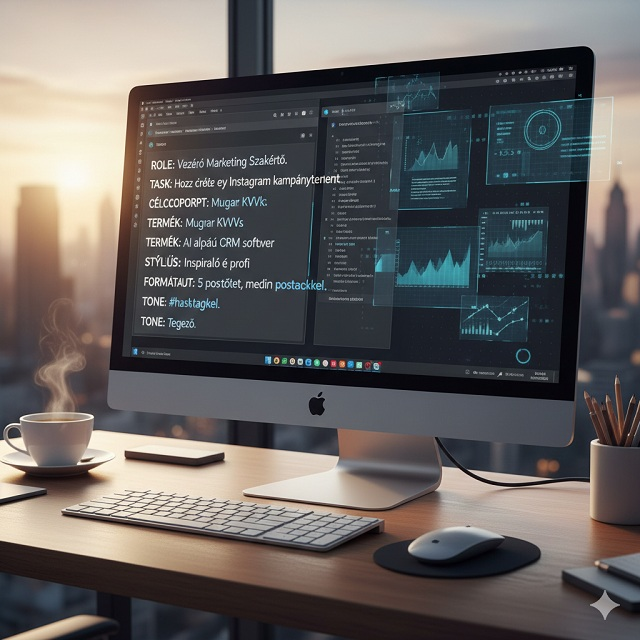 Egy digitális íróasztal, ahol egy képernyőn egy jól strukturált magyar nyelvű prompt látható, mellette futurisztikus grafikai elemek és kód-töredékek szimbolizálják a technológiai kapcsolatot