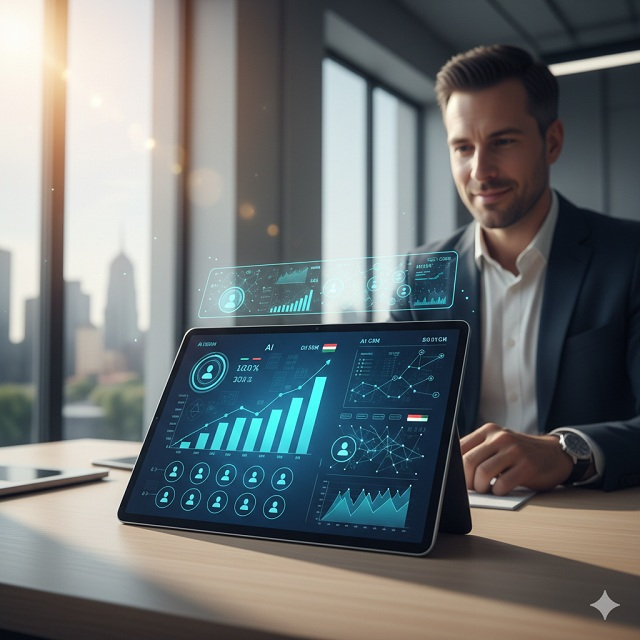 Egy modern, magyar iroda belső tere, ahol egy tableten egy AI-alapú CRM dashboard látszik, emelkedő grafikonokkal és ügyfél-interakciós adatokkal