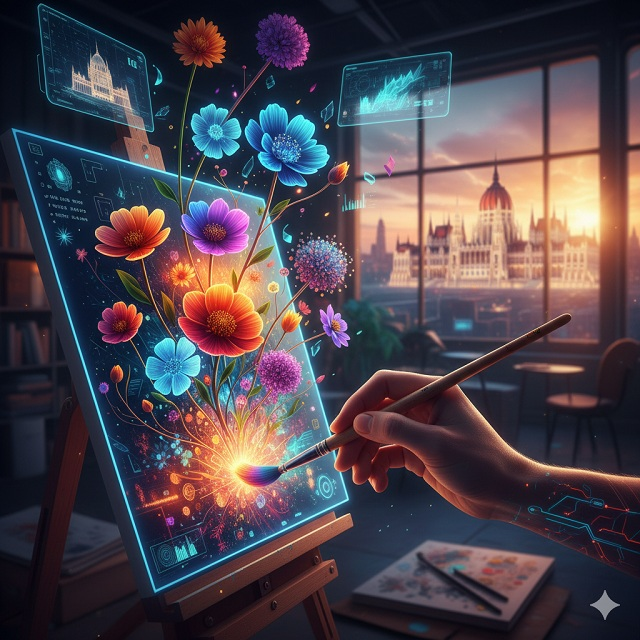 Egy művész keze, amint egy hagyományos ecsettel fest egy vászonra, miközben a vászonból digitális, pixeles és holografikus virágok nőnek ki, szimbolizálva az emberi és a mesterséges intelligencia összefonódását