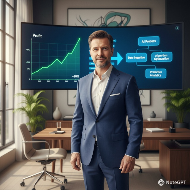 Egy elégedett magyar cégvezető a modern irodájában, a háttérben egy monitoron egy növekvő profitgrafikon és egy AI folyamatábra látszik