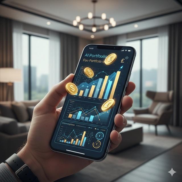 Egy elegáns, modern környezetben egy kéz okostelefont tart, amelyen egy AI pénzügyi dashboard látható arany és kék grafikonokkal, a háttérben lebegő 3D valuta szimbólumokkal