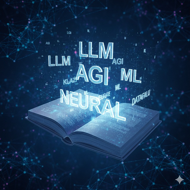 Egy futurisztikus, lebegő digitális lexikon, amelyből hologram-szerűen emelkednek ki a rövidítések (LLM, AGI, NLP, ML). A háttérben kék és lila fényekkel megvilágított neurális hálózat látható