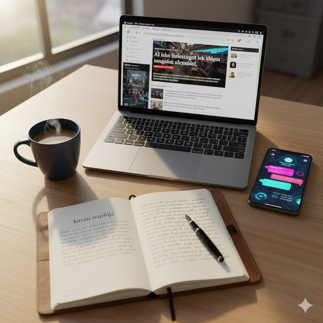 Egy élethű, személyes asztali környezet: egy laptop, egy csésze kávé, egy okostelefon, aminek a kijelzőjén futurisztikus asszisztens buborékok láthatók, és egy kézzel írott jegyzetfüzet "István naplója" felirattal