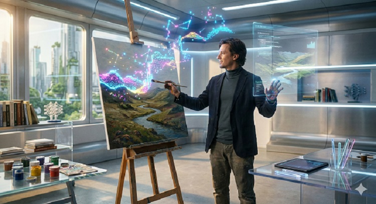 Egy futurisztikus műterem, ahol egy klasszikus festőállvány előtt egy művész áll. A vásznon egy félig megfestett tájkép látható, amelyből digitális, neonfényű pixelek emelkednek ki a levegőbe, szimbolizálva az analóg és digitális alkotás egyesülését