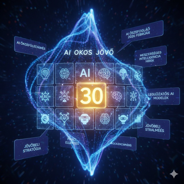 Egy futurisztikus naptár, ahol a napok kockái digitális kijelzőként funkcionálnak, a 30. nap pedig aranyfénnyel ragyog, jelezve a lezárt mérföldkövet. A háttérben az aiokosjovo.hu logója és a hónap legfontosabb kulcsszavai lebegnek