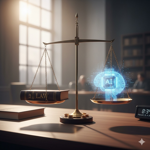 Az igazság mérlege egy modern bíróságon, az egyik oldalon egy törvénykönyvvel, a másikon egy világító digitális aggyal