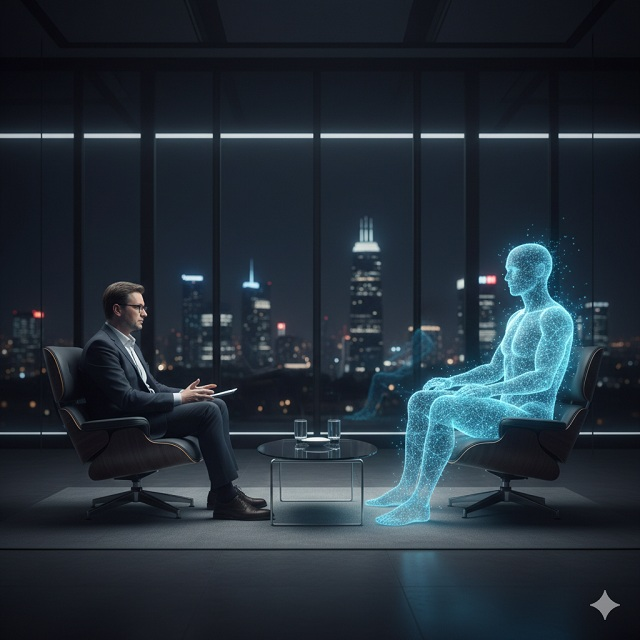 Egy elegáns, minimalista stúdióban egy férfi (István) beszélget egy áttetsző, emberalakú, de digitális pontokból álló AI entitással, szimbolizálva az ember és gép párbeszédét