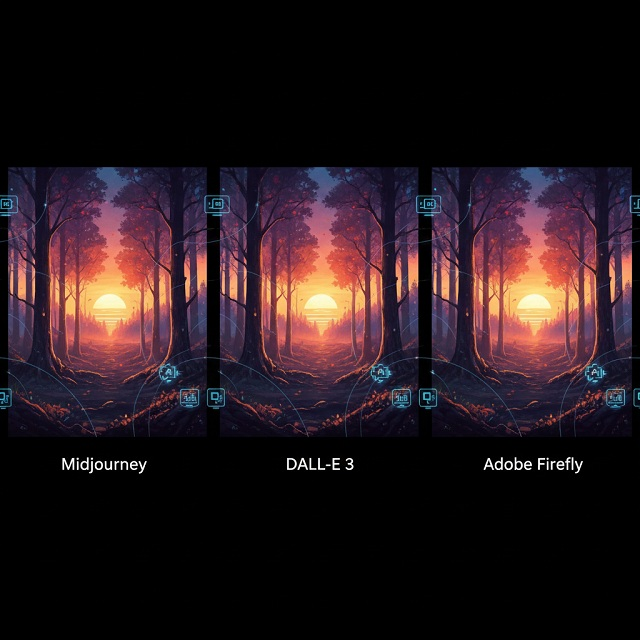 Három különböző stílusú, de ugyanazt a témát (pl. egy futurisztikus erdő) ábrázoló kép, egy hármas kollázsban, mindegyik alatt a generátor nevével (Midjourney, DALL-E 3, Adobe Firefly), futurisztikus, digitális grafikai elemekkel körülvéve