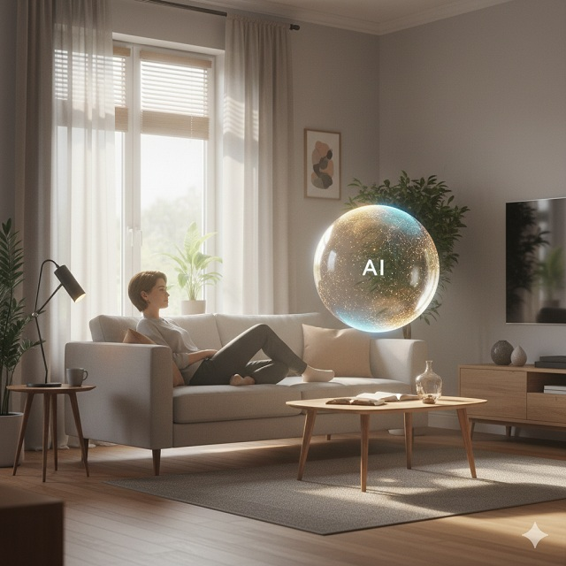 Egy nyugodt, meleg színekkel megvilágított szobában egy személy ül a kanapén, mellette egy lebegő, barátságos fénygömb (az AI), ami lágy, megnyugtató színekkel világít, szimbolizálva a digitális támogatást és nyugalmat.