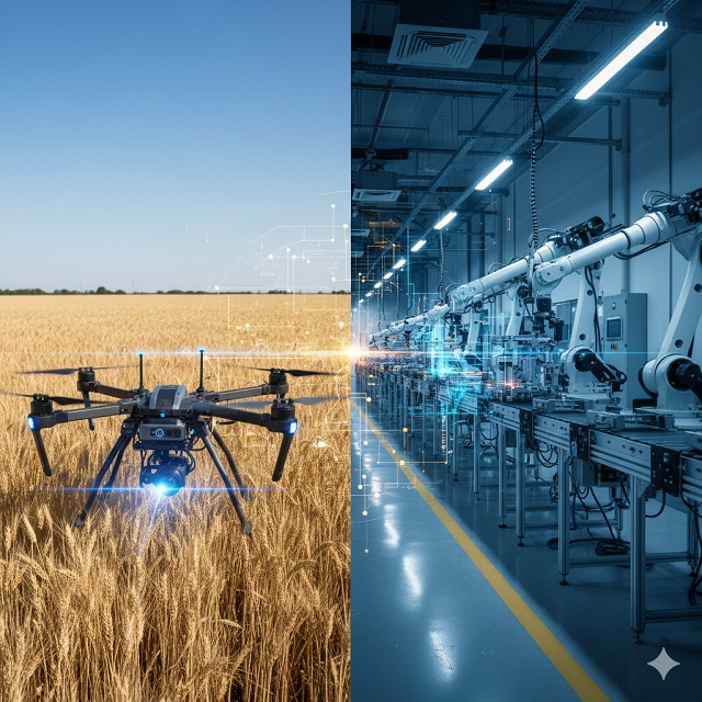 Egy futurisztikus kompozíció: az előtérben egy búzamező felett lebegő mezőgazdasági drón, a háttérben pedig egy modern, automatizált gyárcsarnok látszik robotkarokkal, kék és arany digitális adatvonalakkal összekötve