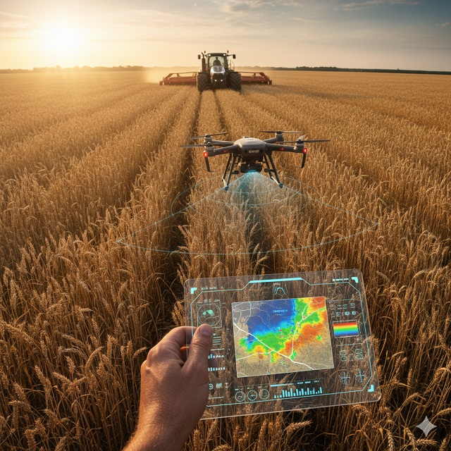 Egy naplementés magyar búzamező, ahol a háttérben egy önvezető traktor dolgozik, a levegőben egy mezőgazdasági drón lebeg, az előtérben pedig egy digitális táblagépen látható a terület hőtérképe és elemzése