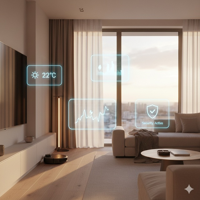 Egy modern, minimalista nappali belső tere, ahol a levegőben finom, áttetsző kék interfészek mutatják a hőmérsékletet, az energiafogyasztást és a biztonsági állapotot, miközben a háttérben egy robotporszívó és okoslámpák láthatók