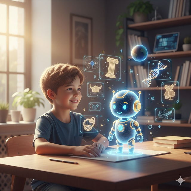Egy fiatal diák modern tanulósarokban, aki egy lebegő holografikus AI-asszisztenssel interaktál, miközben a háttérben digitális könyvek és csillagrendszerek modelljei úsznak a levegőben