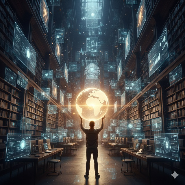 Egy monumentális digitális könyvtár, ahol a polcokon világító adatkupacok és hologramok láthatók, a középpontban egy emberi alak áll, aki egy fénylő földgömböt tart a kezében, szimbolizálva a megszerzett tudást és az uralmat a jövő felett