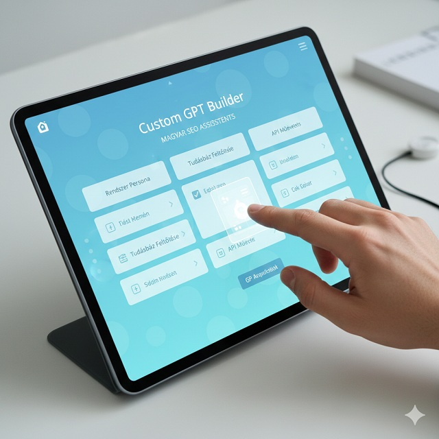 Egy modern digitális kezelőfelület, ahol egy kéz éppen egy egyedi AI ügynök paramétereit állítja be. A képernyőn látható a "Magyar SEO Asszisztens" felirat és különböző beállítási modulok, mint 'Tudásbázis' és 'Működési szabályok