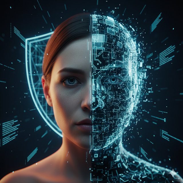 Egy drámai kép, ahol egy emberi arc fele digitális pixelekre és áramkörökre bomlik szét, szimbolizálva a Deepfake-et, a háttérben pajzs ikonnal és kiberbiztonsági kódokkal