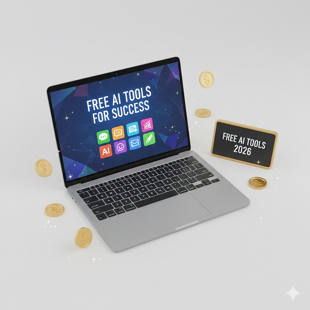 Egy asztali elrendezés, ahol egy laptop képernyőjén különböző AI szoftverek logói láthatók egy "Free Tools for Success" felirat mellett, körülötte pénzérmékkel és digitális ikonokkal