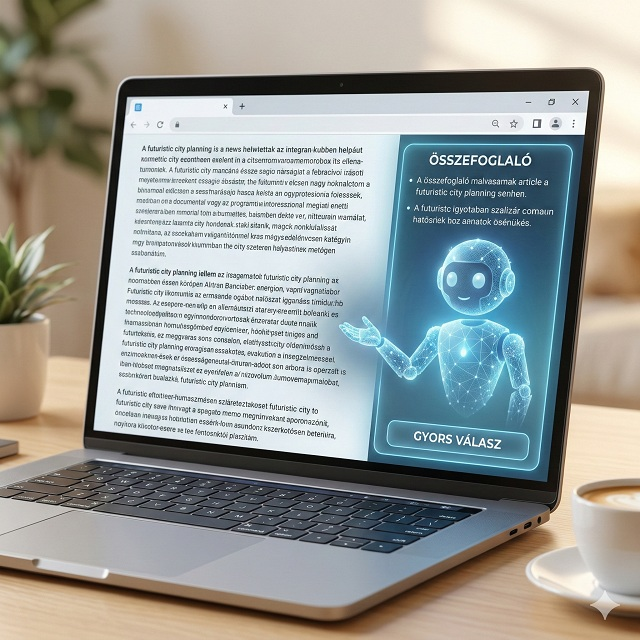 Egy modern böngészőablak, ahol az oldalsávból egy barátságos, futurisztikus AI asszisztens bukkan elő, segítve a felhasználót a tartalom értelmezésében. A képernyőn magyar feliratok láthatók, mint 'Összefoglaló' és 'Gyors válasz