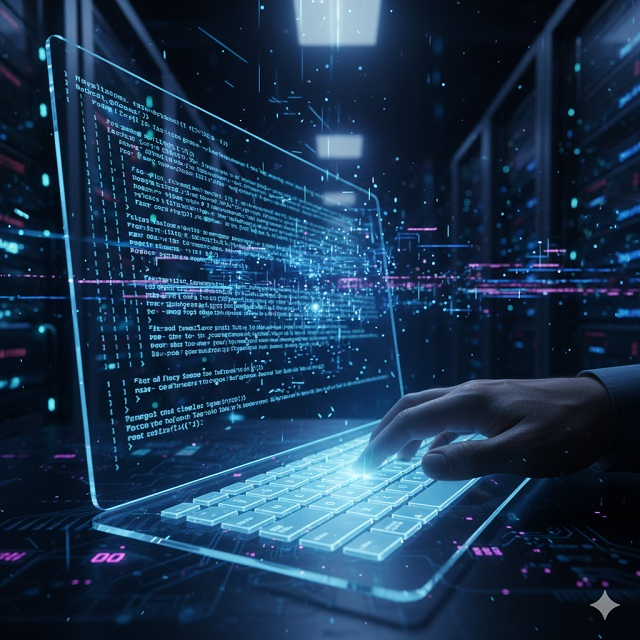 Egy emberi kéz egy világító hologram billentyűzeten gépel, a háttérben futurisztikus, kék digitális adatfolyamok, egy képernyőn pedig bonyolult, mégis elegáns prompt kódok láthatók, szimbolizálva a prompt engineering művészetét