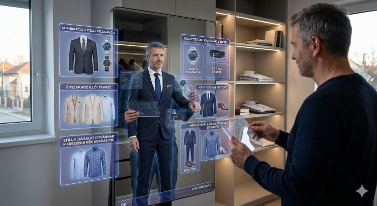 Egy futurisztikus öltözőtükör, amelyben egy férfi látható. A tükör felületén digitális opciók jelennek meg: különböző öltönyök és kiegészítők cserélődnek rajta holografikusan, miközben a férfi figyeli az eredményt