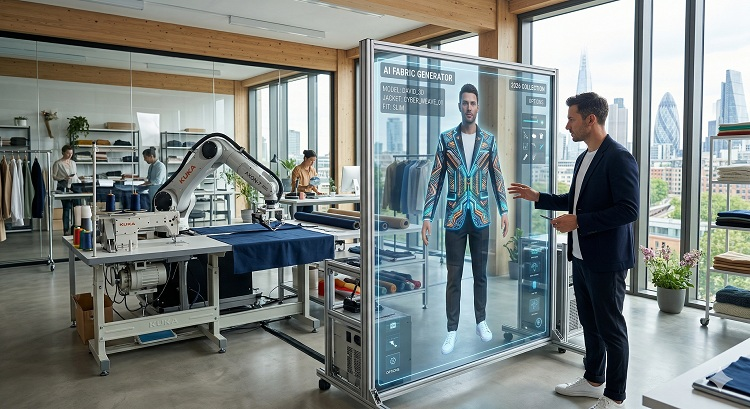 Modern, napfényes divatstúdió 2026-ban. István egy interaktív üvegkijelző előtt áll, ahol egy 3D-s avatarján egy futurisztikus, AI által generált mintájú zakót próbál fel virtuálisan. A háttérben egy precíziós robotkar dolgozik a textileken.