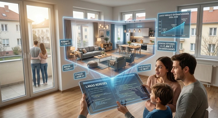 Egy fiatal pár egy tablet előtt ül egy üres lakásban. A tablet kijelzőjén a szoba teljesen berendezett, modern változatát látják holografikusan kivetítve, az árakkal és a várható érték növekedéssel együtt