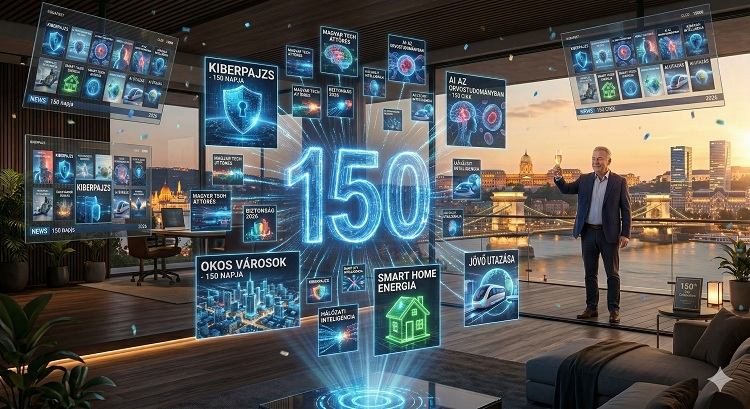 Egy ünnepi, futurisztikus kompozíció, ahol az "150" -es szám holografikusan ragyog egy modern irodában. István a háttérben mosolyogva koccint egy pohár pezsgővel, miközben a képernyőkön az elmúlt 150 nap legfontosabb cikkeinek montázsa látható.