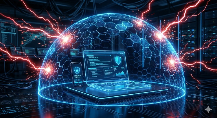 Egy futurisztikus, sötétkék tónusú digitális pajzs, amelyen hexagone minták látszanak. A pajzs mögött egy átlátszó laptop és egy telefon biztonságban világít, miközben kívülről vörös villámok (támadások) pattannak le a védőrétegről